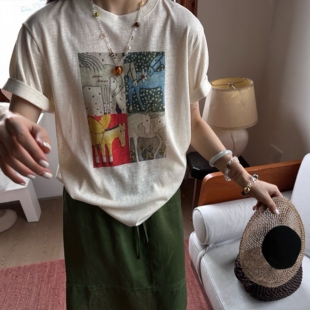 欧洲站2026秋季新款韩版亚麻宽松显瘦百搭圆领短袖T恤女设计感