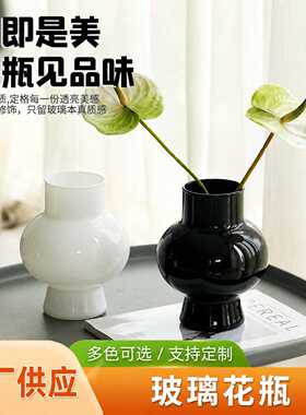 现代风简约光面玻璃花瓶圆形底座高瓶口家居软装花器干花鲜切花瓶