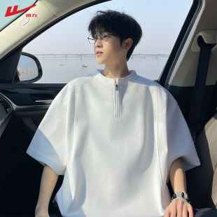 薄款 t恤2026夏季 美式 拼接解构半袖 回力重磅半拉链男士 打底衫 短袖
