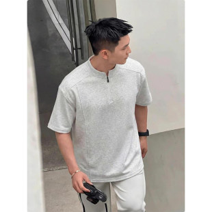 流行短袖 潮牌潮流宽松半截袖 t恤半拉链解构半袖 美式 上衣夏季 男士