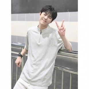 短袖 打底衫 t恤2026夏季 高街拼接解构半袖 美式 300g重磅半拉链男士