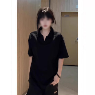 POLO衫 黑色正肩拼接短袖 痞帅高级感青少年宽松半袖 美式 T恤男夏季