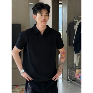 显瘦Polo半袖 美式 正肩boxy拼接短袖 黑色海鸥V领重磅t恤男春夏季