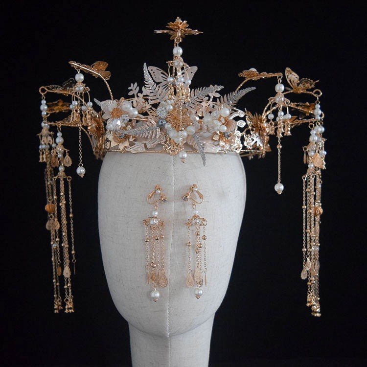 新娘秀禾头饰中式古装金色大气凤冠步摇流苏秀禾服结婚饰品显脸小