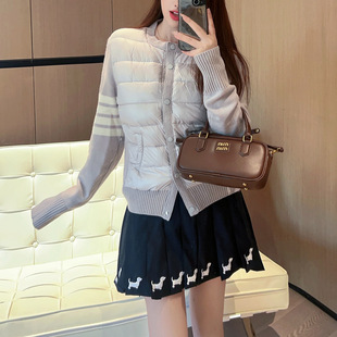 TB秋冬灰色圆领羽绒服拼接针织袖白鸭绒休闲百搭轻薄显瘦短款外套