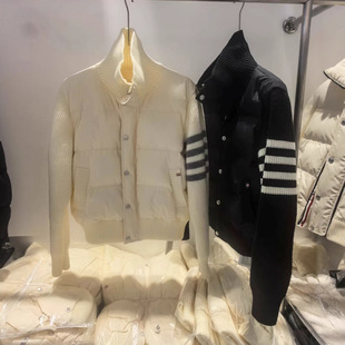 tb秋冬新款四道杠撞色条纹针织拼接翻领白鸭绒羽绒服短款休闲外套