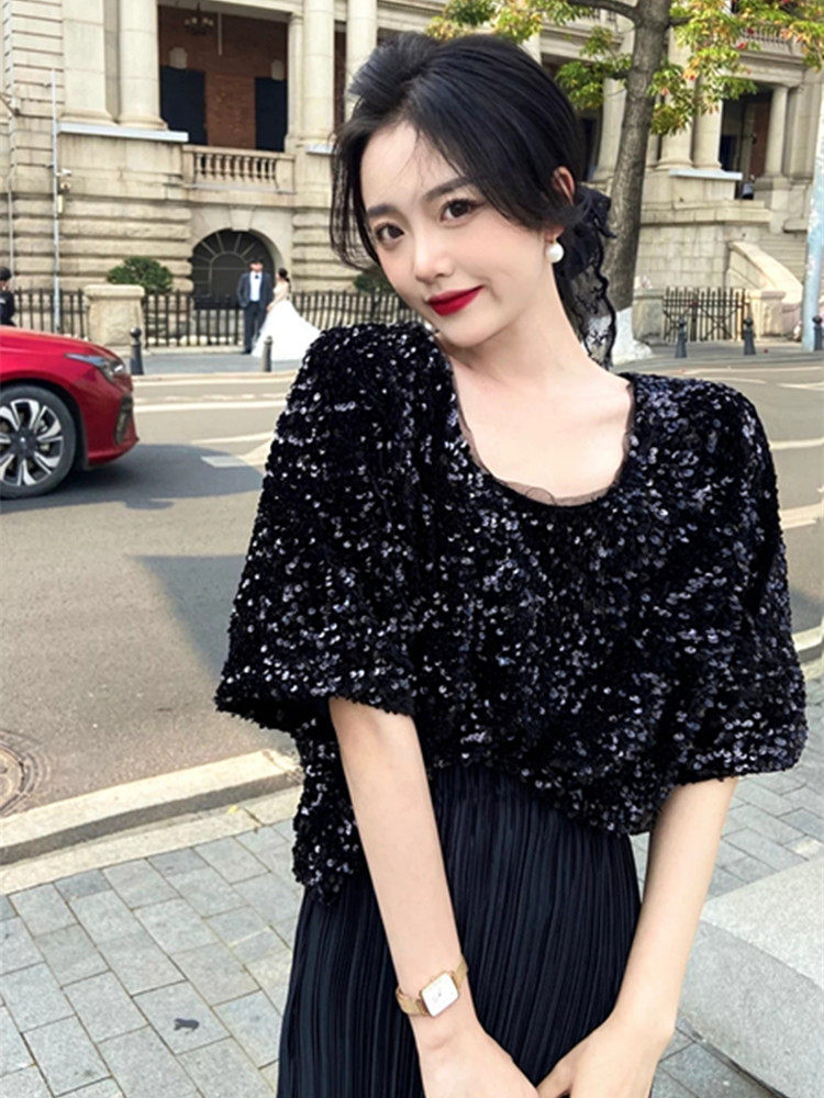 亮片短袖t恤女2025春新款韩版重工闪闪方领小众显瘦短款泡袖上衣