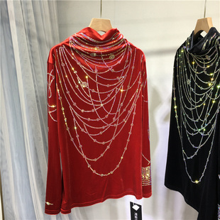 欧货重工烫钻打底衫女轻奢金丝绒前后满钻高领长袖上衣春秋中长款