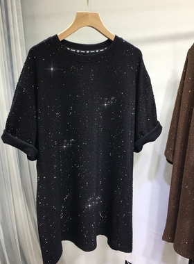 欧货重工烫钻T恤女磨毛加厚前后满钻圆领宽松中长款大版T秋冬百搭