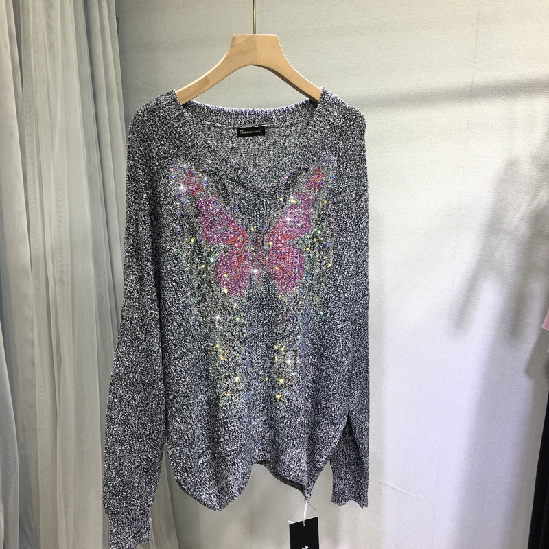 欧货重工烫钻毛衣宽松中长款