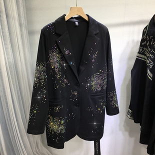 欧货重工烫钻西装外套女轻奢翻领V宽松中长款直筒开衫西服春秋季