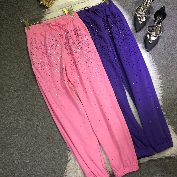 欧货重工烫钻卫裤女高腰显瘦松紧腰大码运动裤子休闲束脚九分裤春,女装/女士精品,卫裤,淘宝优惠券,粉丝福利购,淘宝优惠卷