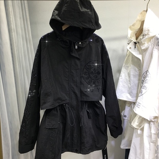 欧货重工烫钻外套男女宽松中长风衣收腰显瘦春秋拉链连帽大衣黑色