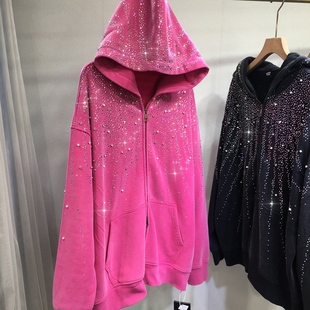 加绒连帽外套女欧货重工烫钻开衫宽松中长款显瘦卫衣棉冬长袖帽衫
