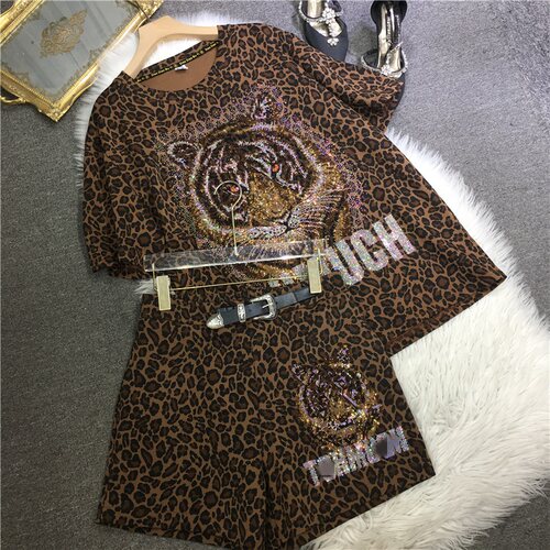 重工烫钻豹纹显瘦短袖T恤女夏季