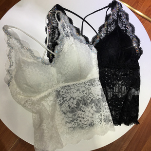 欧货重工烫钻美背女细肩带蕾丝显瘦背心抹胸配垫四季 百搭小吊带衫