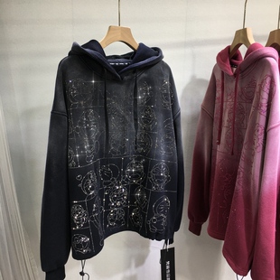 加绒加厚欧货重工烫钻可爱卡通卫衣女中长款连帽渐变色上衣秋冬季