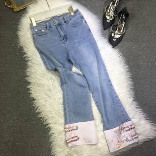 欧货重工钉珠牛仔裤紧身浅蓝色国风盘扣直筒九分裤子春夏季百搭闪