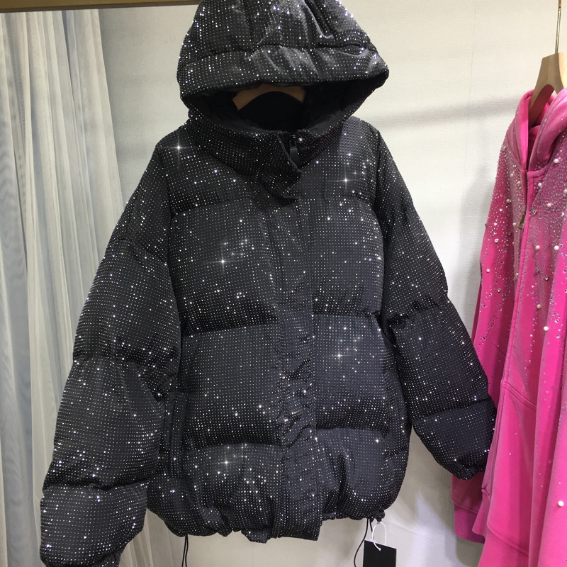 加厚夹棉外套满钻连帽大衣棉袄