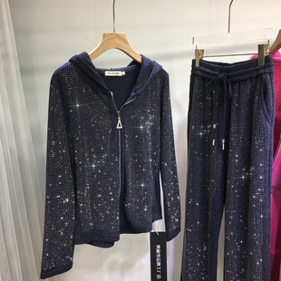 欧货重工烫钻轻奢两件套女洋气满钻连帽拉链上衣+裤子显瘦秋冬新