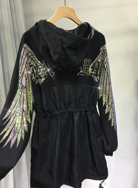 欧货重工烫钻风衣男女连帽轻奢翅膀收腰外套显瘦黑色开衫大衣春秋