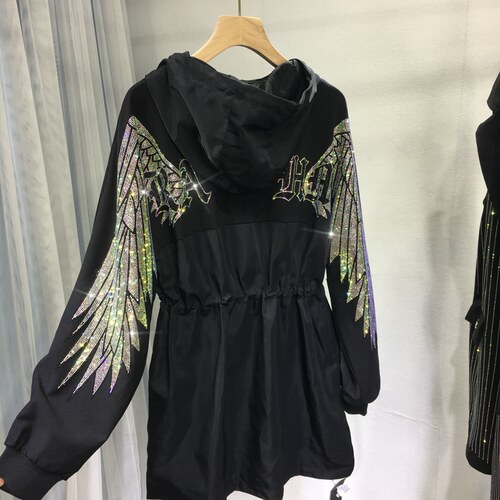 欧货重工烫钻风衣男女连帽轻奢翅膀收腰外套显瘦黑色开衫大衣春秋