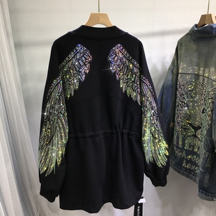 欧货重工烫钻外套女轻奢翅膀宽松中长款棒球服长袖开衫大衣秋冬季