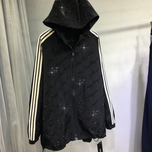 风衣秋冬显瘦百搭 显瘦黑色开衫 欧货重工烫钻外套女宽松大版 中长款