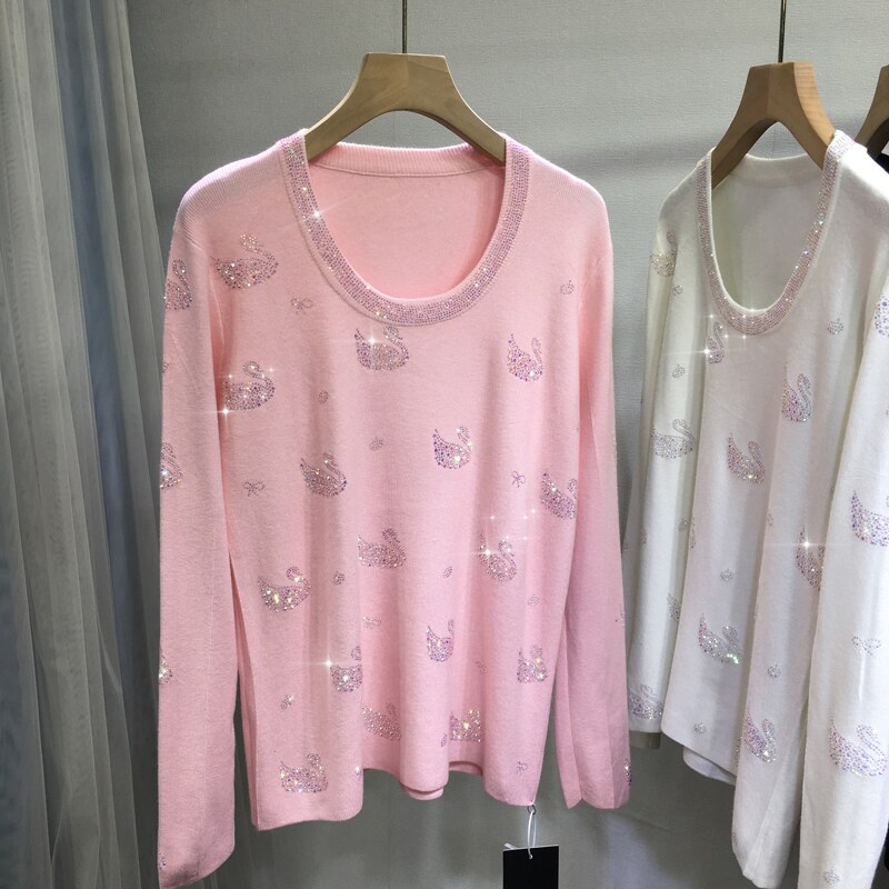 欧货重工烫钻毛衣女软糯天鹅圆领百搭显瘦长袖保暖针织衫秋冬新款,女装/女士精品,毛针织衫,淘宝优惠券,粉丝福利购,淘宝优惠卷