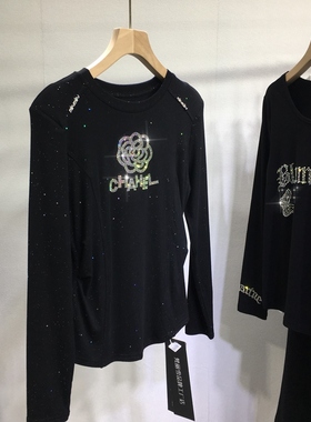 欧货重工烫钻打底衫女小香风山茶花圆领秋衣黑色长袖紧身小衫秋冬