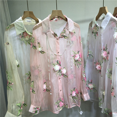 欧货重工钉珠衬衫女国风刺绣公主花朵轻薄透视开衫夏季防晒衫凉快