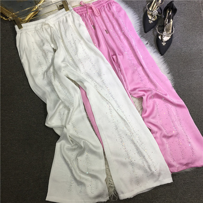 夏季缎面烫钻松紧显瘦直筒女裤