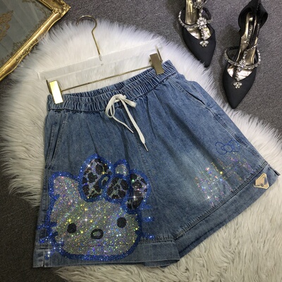 重工烫钻KT猫阔腿牛仔短裤女