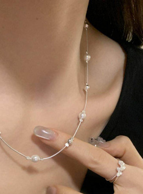 韩版间隔珍珠银珠项链ins风个性银珠女简约小众设计锁骨链毛衣链