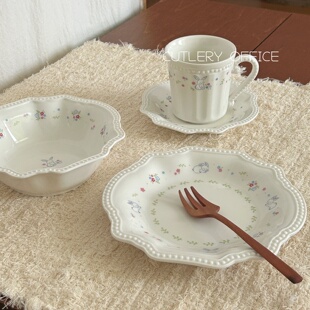 Cutlery | 韩式碎花兔子浮雕陶瓷酸奶碗盘咖啡杯碟