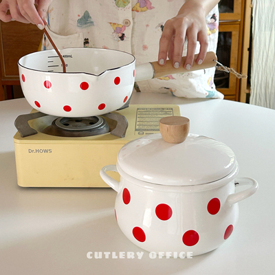 Cutlery | 日系可爱红波点出口订单搪瓷雪平锅泡面螺狮粉油炸奶锅