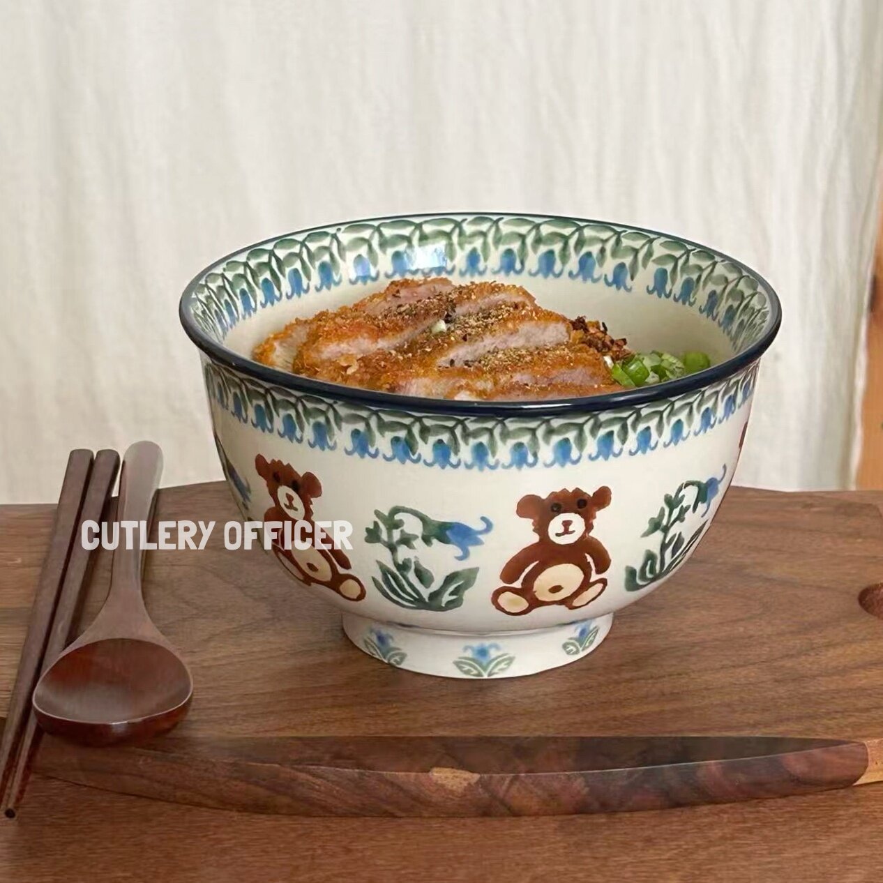Cutlery丨碗底有只熊小众复古设计一人食汤面碗釉下彩陶瓷礼物