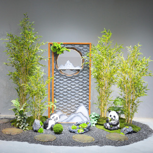 仿真竹子室内装饰屏风隔断假山竹林绿植中式造景熊猫摆件景观搭配