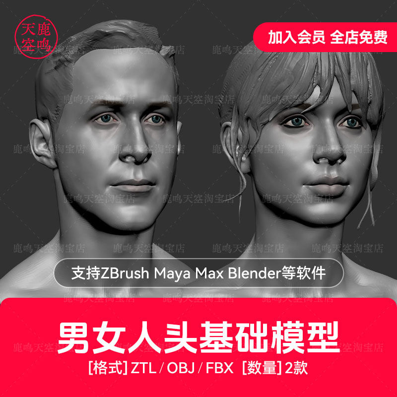 ZBrush雕刻Blender写实ZB男女人头部Max头像Maya手办3D模型源文件
