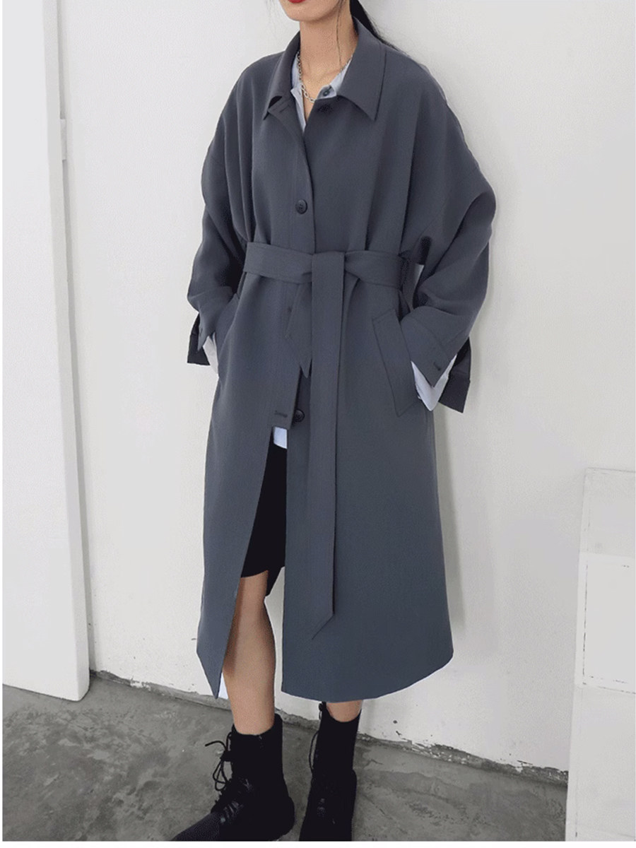 CHICVEN原创休闲宽松系带收腰风衣外套女早春新品气质中长款大衣