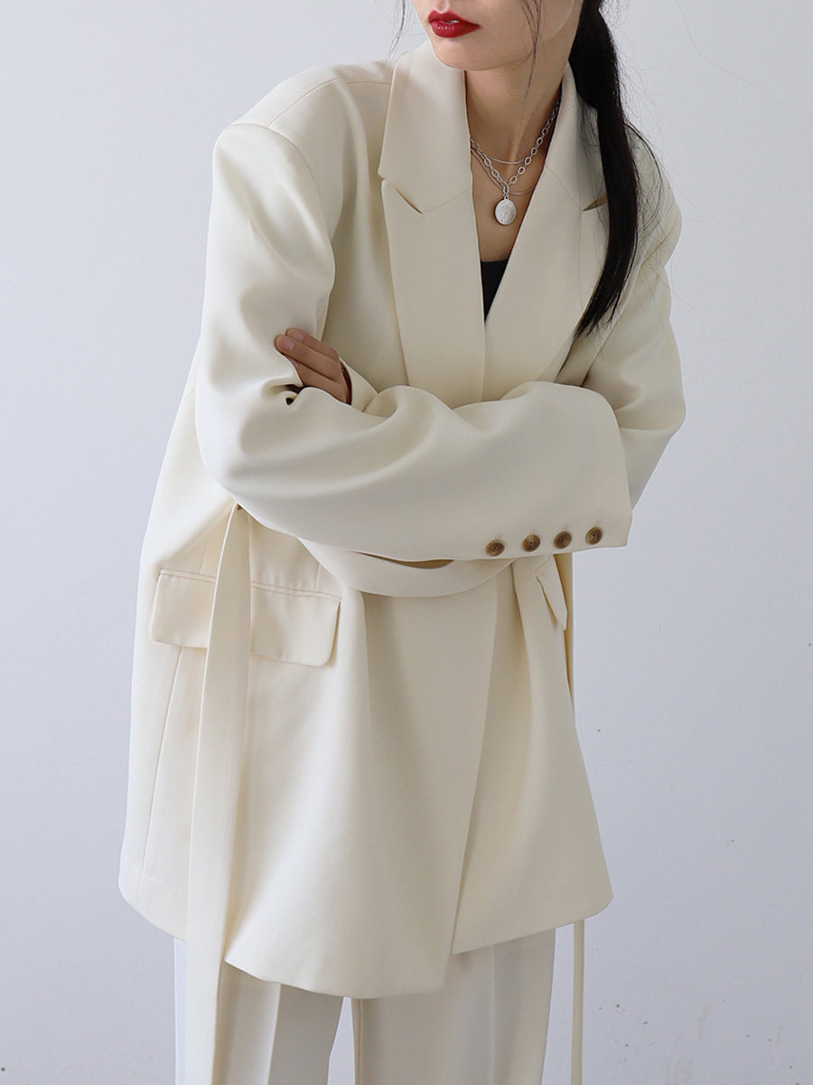 CHICVEN「性别流动」设计感小众宽肩飘带中长垂感西装外套女西服