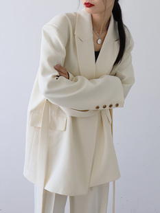 CHICVEN「性别流动」设计感小众宽肩飘带中长垂感西装 外套女西服