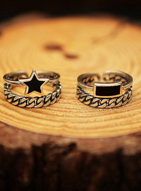 日韩系东大门S925银饰品素银锁链黑玛瑙五星长方形戒指YJZ0284