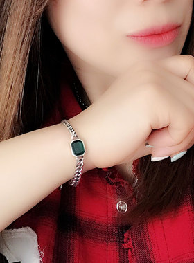 日韩系东大门S925银饰品复古潮人轻奢深绿色方形锆石手链YLS0081