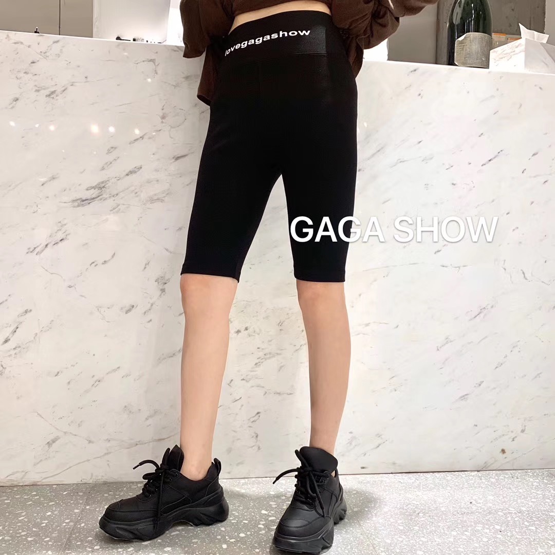 欧洲站 GAGASHOW 秋季时尚显瘦字母腰弹力百搭打底裤中裤单车裤女