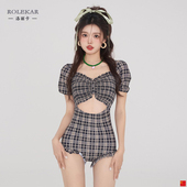 可爱微胖显瘦泡温泉泳装 RL洛丽卡泳衣女2023新款 格子保守连体短袖