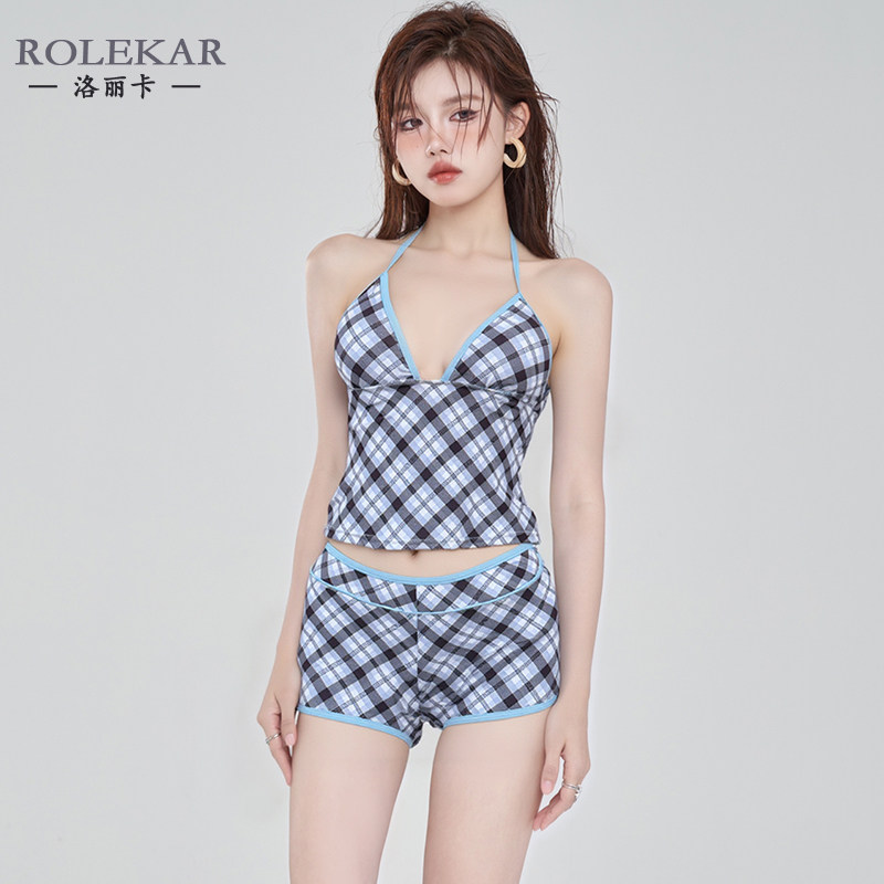 蓝白格纹分体泳衣女挂脖V领平角