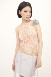 肉色印花重工雪纺木耳花边拼接系带挂脖背心肚兜女 Nodress