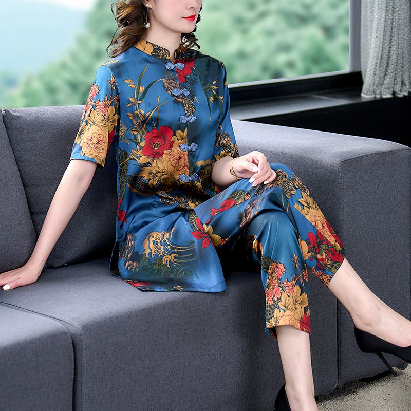 夏季新款印花薄款真丝香云纱桑蚕丝套装洋气中老年女装妈妈两件套