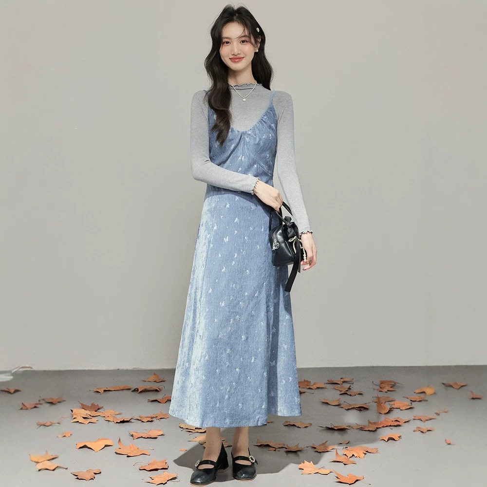 女装2026秋冬十三行新款碎花复古显瘦背带裙连衣裙温柔风长裙套装